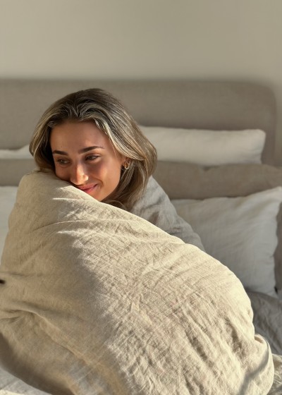 100% French flax linen sheets and duvet cover on a bed